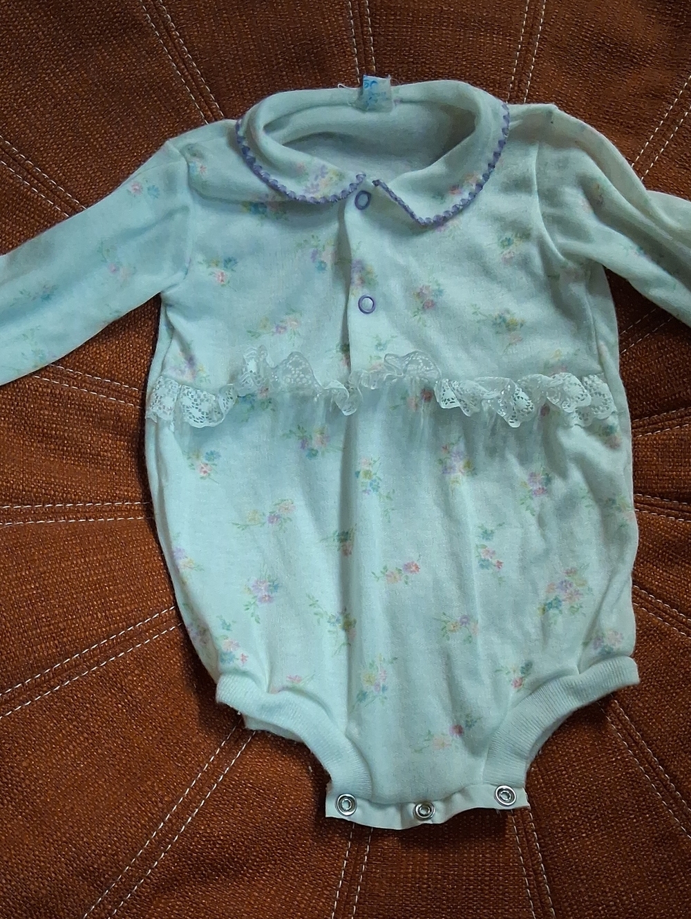 Baby Girls Mint Floral One-Piece Bodysuit with Lace Trim